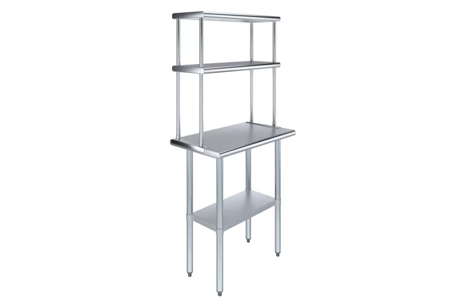 18" x 30" Stainless Steel Work Table with 12" Wide Double Tier Overshelf | Metal Kitchen Prep Table & Shelving Combo