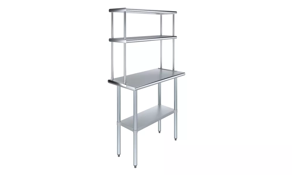18" x 36" Stainless Steel Work Table with 12" Wide Double Tier Overshelf | Metal Kitchen Prep Table & Shelving Combo