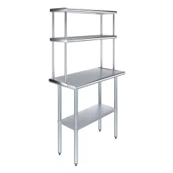 18" x 36" Stainless Steel Work Table with 12" Wide Double Tier Overshelf | Metal Kitchen Prep Table & Shelving Combo