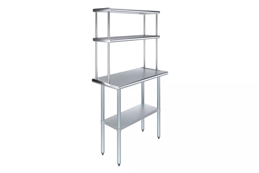18" x 36" Stainless Steel Work Table with 12" Wide Double Tier Overshelf | Metal Kitchen Prep Table & Shelving Combo