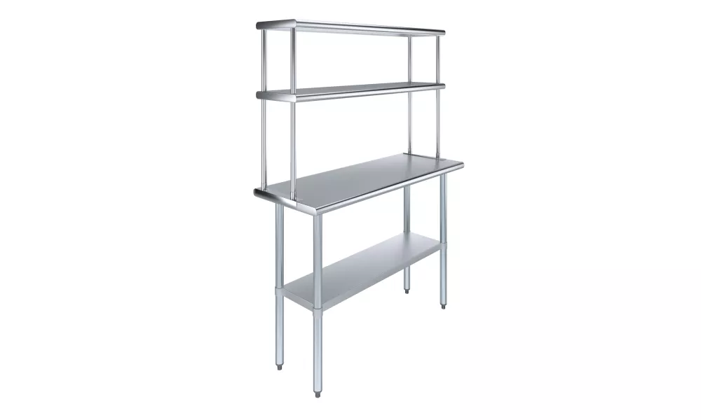 18" x 48" Stainless Steel Work Table with 12" Wide Double Tier Overshelf | Metal Kitchen Prep Table & Shelving Combo