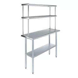 18" x 48" Stainless Steel Work Table with 12" Wide Double Tier Overshelf | Metal Kitchen Prep Table & Shelving Combo