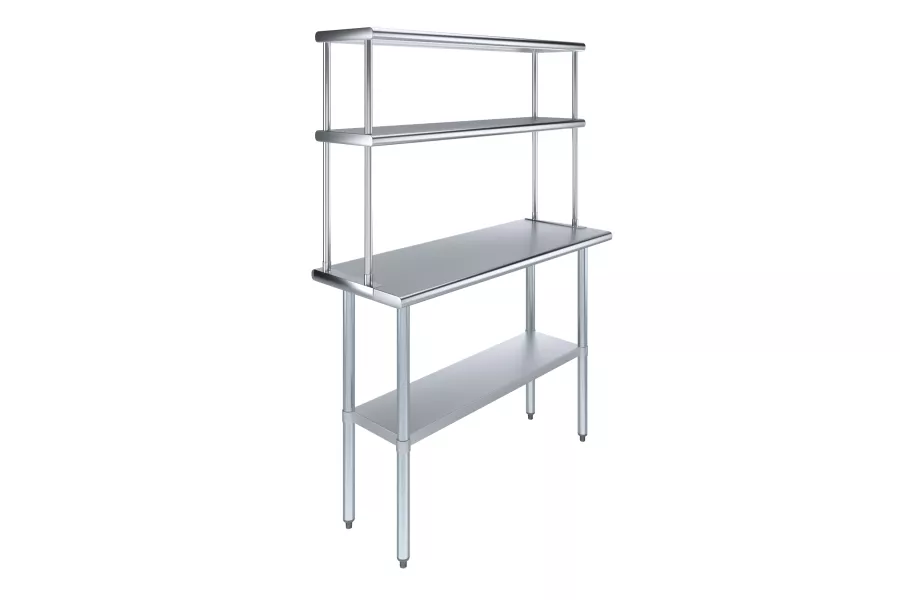 18" x 48" Stainless Steel Work Table with 12" Wide Double Tier Overshelf | Metal Kitchen Prep Table & Shelving Combo