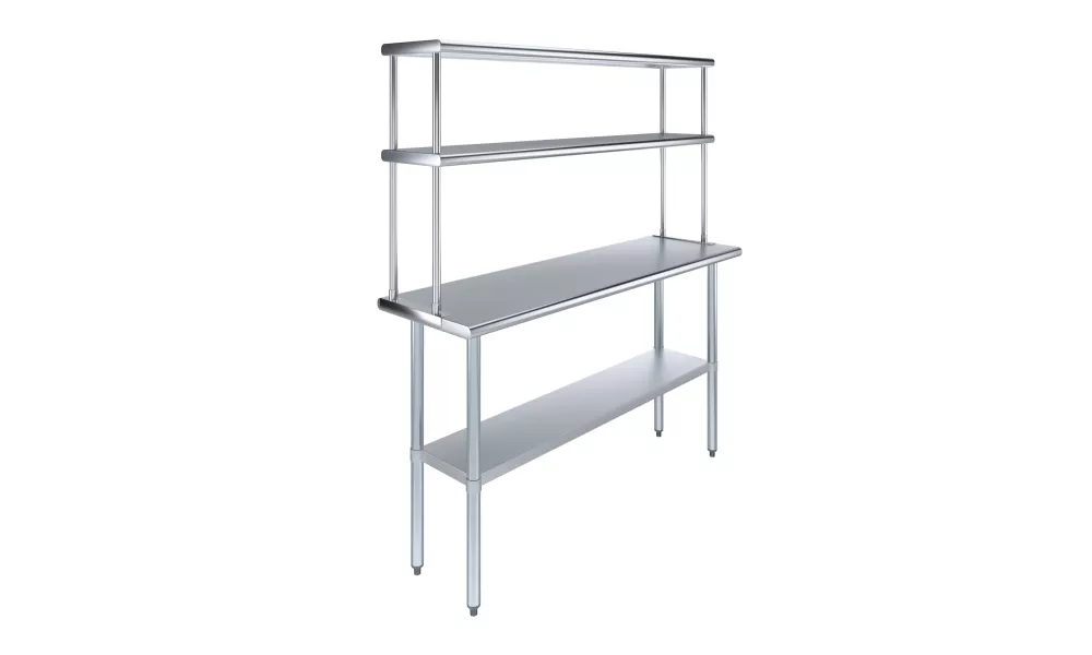 18" x 60" Stainless Steel Work Table with 12" Wide Double Tier Overshelf | Metal Kitchen Prep Table & Shelving Combo
