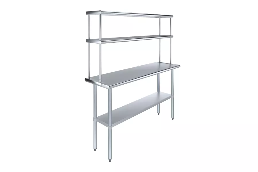 18" x 60" Stainless Steel Work Table with 12" Wide Double Tier Overshelf | Metal Kitchen Prep Table & Shelving Combo