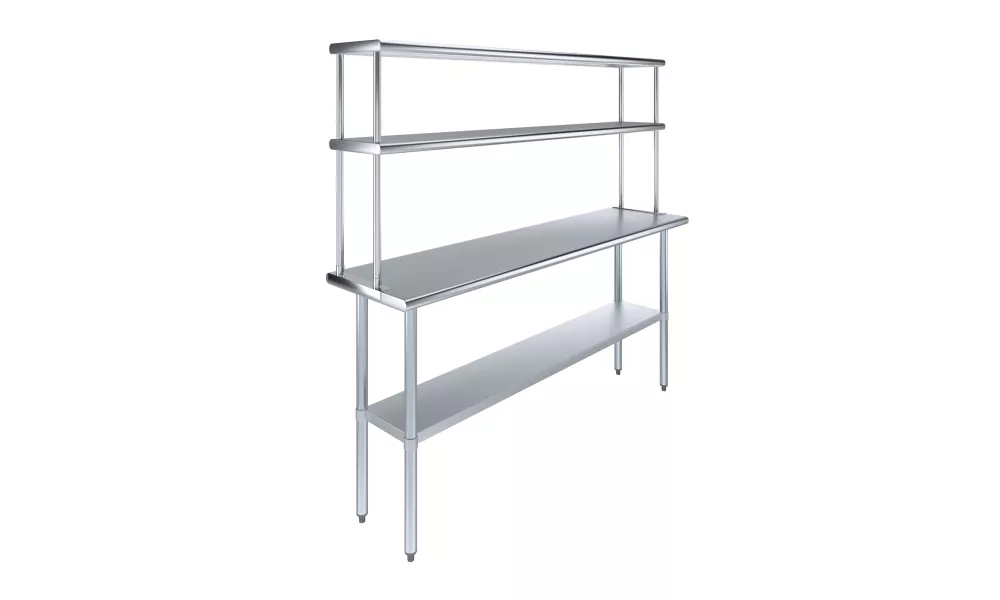 18" x 72" Stainless Steel Work Table with 12" Wide Double Tier Overshelf | Metal Kitchen Prep Table & Shelving Combo