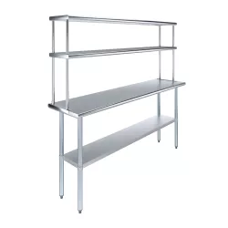 18" x 72" Stainless Steel Work Table with 12" Wide Double Tier Overshelf | Metal Kitchen Prep Table & Shelving Combo