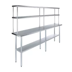 18" x 96" Stainless Steel Work Table with 12" Wide Double Tier Overshelf | Metal Kitchen Prep Table & Shelving Combo