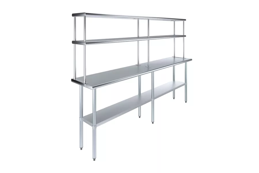 18" x 96" Stainless Steel Work Table with 12" Wide Double Tier Overshelf | Metal Kitchen Prep Table & Shelving Combo