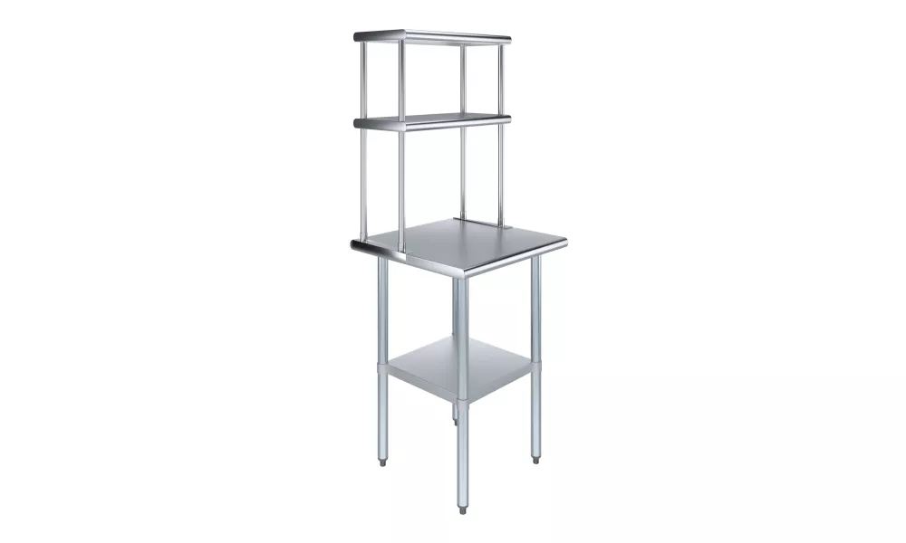 24" x 24" Stainless Steel Work Table with 12" Wide Double Tier Overshelf | Metal Kitchen Prep Table & Shelving Combo