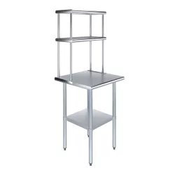 24" x 24" Stainless Steel Work Table with 12" Wide Double Tier Overshelf | Metal Kitchen Prep Table & Shelving Combo