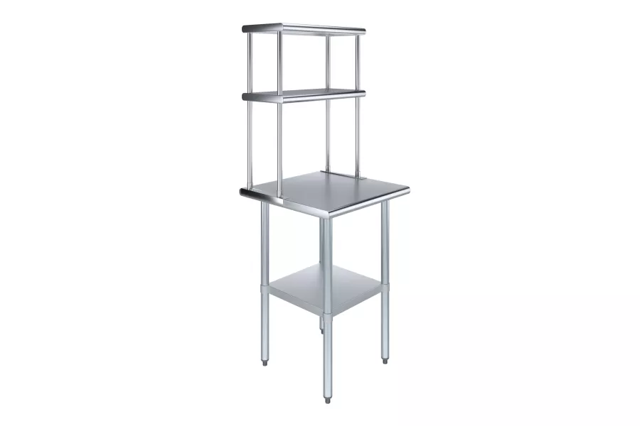24" x 24" Stainless Steel Work Table with 12" Wide Double Tier Overshelf | Metal Kitchen Prep Table & Shelving Combo