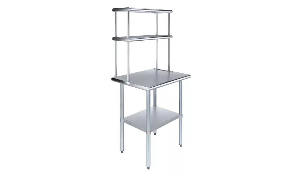 24" x 30" Stainless Steel Work Table with 12" Wide Double Tier Overshelf | Metal Kitchen Prep Table & Shelving Combo