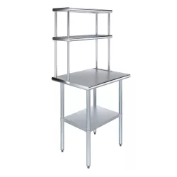 24" x 30" Stainless Steel Work Table with 12" Wide Double Tier Overshelf | Metal Kitchen Prep Table & Shelving Combo