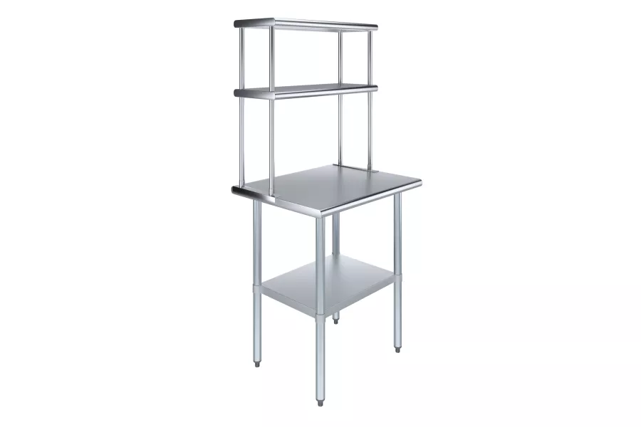24" x 30" Stainless Steel Work Table with 12" Wide Double Tier Overshelf | Metal Kitchen Prep Table & Shelving Combo