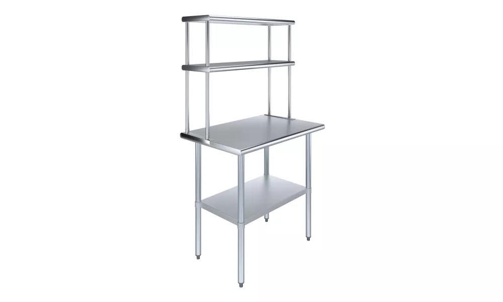 24" x 36" Stainless Steel Work Table with 12" Wide Double Tier Overshelf | Metal Kitchen Prep Table & Shelving Combo