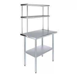 24" x 36" Stainless Steel Work Table with 12" Wide Double Tier Overshelf | Metal Kitchen Prep Table & Shelving Combo