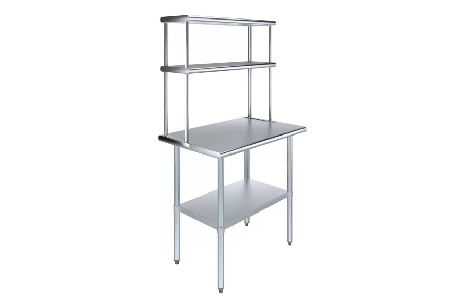 24" x 36" Stainless Steel Work Table with 12" Wide Double Tier Overshelf | Metal Kitchen Prep Table & Shelving Combo