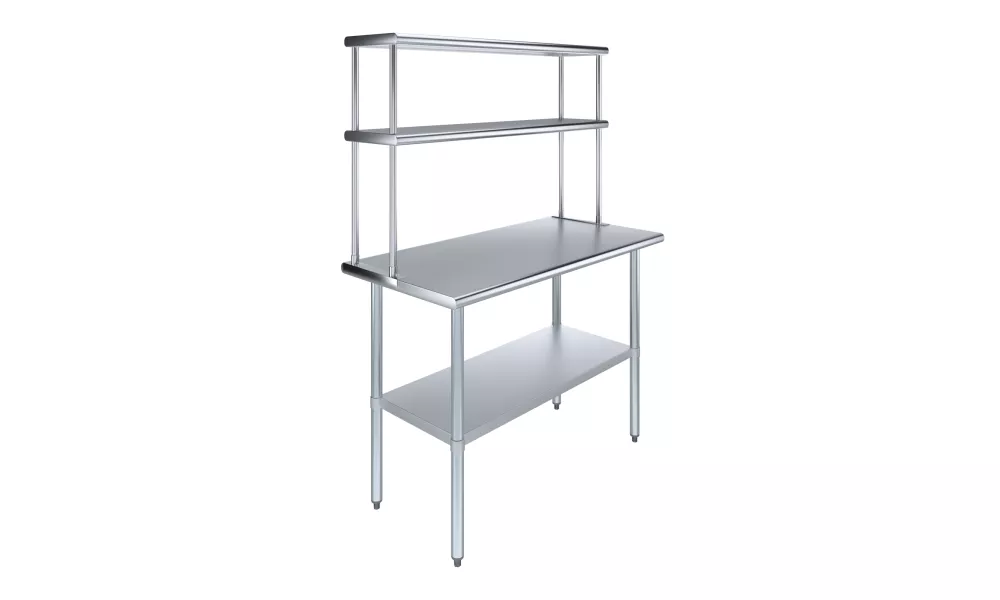 24" x 48" Stainless Steel Work Table with 12" Wide Double Tier Overshelf | Metal Kitchen Prep Table & Shelving Combo