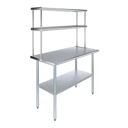 24" x 48" Stainless Steel Work Table with 12" Wide Double Tier Overshelf | Metal Kitchen Prep Table & Shelving Combo