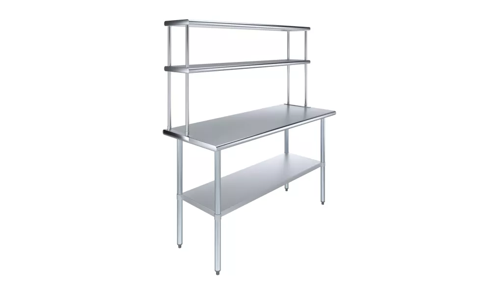 24" x 60" Stainless Steel Work Table with 12" Wide Double Tier Overshelf | Metal Kitchen Prep Table & Shelving Combo