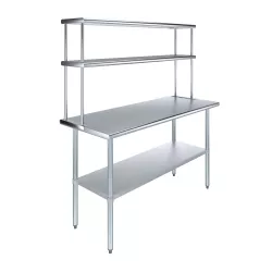 24" x 60" Stainless Steel Work Table with 12" Wide Double Tier Overshelf | Metal Kitchen Prep Table & Shelving Combo