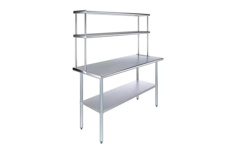 24" x 60" Stainless Steel Work Table with 12" Wide Double Tier Overshelf | Metal Kitchen Prep Table & Shelving Combo