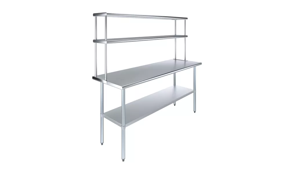 24" x 72" Stainless Steel Work Table with 12" Wide Double Tier Overshelf | Metal Kitchen Prep Table & Shelving Combo