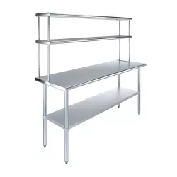 24" x 72" Stainless Steel Work Table with 12" Wide Double Tier Overshelf | Metal Kitchen Prep Table & Shelving Combo