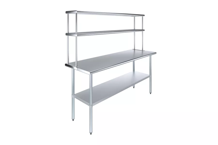 24" x 72" Stainless Steel Work Table with 12" Wide Double Tier Overshelf | Metal Kitchen Prep Table & Shelving Combo
