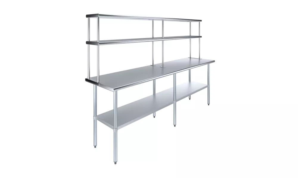 24" x 96" Stainless Steel Work Table with 12" Wide Double Tier Overshelf | Metal Kitchen Prep Table & Shelving Combo