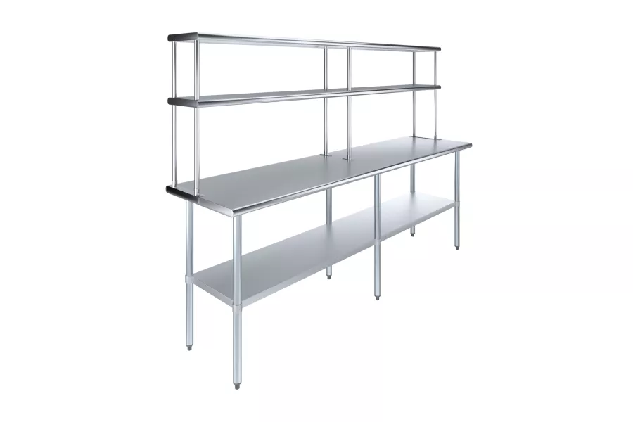 24" x 96" Stainless Steel Work Table with 12" Wide Double Tier Overshelf | Metal Kitchen Prep Table & Shelving Combo