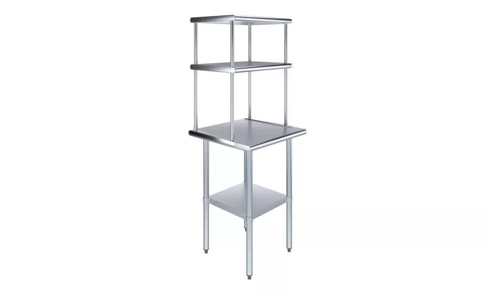 24" x 24" Stainless Steel Work Table with 18" Wide Double Tier Overshelf | Metal Kitchen Prep Table & Shelving Combo