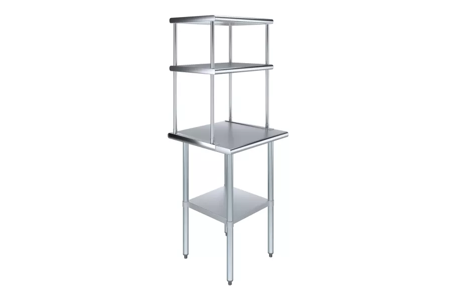 24" x 24" Stainless Steel Work Table with 18" Wide Double Tier Overshelf | Metal Kitchen Prep Table & Shelving Combo