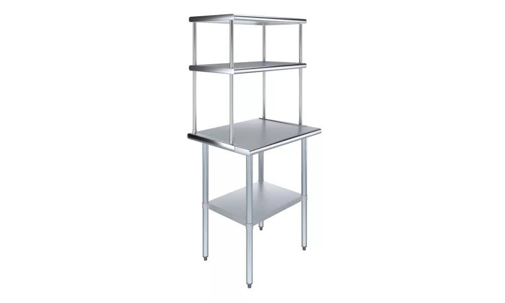 24" x 30" Stainless Steel Work Table with 18" Wide Double Tier Overshelf | Metal Kitchen Prep Table & Shelving Combo