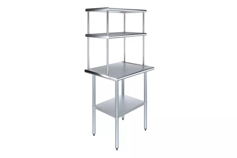 24" x 30" Stainless Steel Work Table with 18" Wide Double Tier Overshelf | Metal Kitchen Prep Table & Shelving Combo