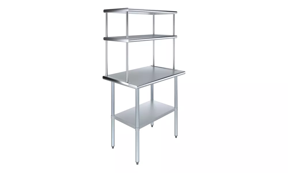 24" x 36" Stainless Steel Work Table with 18" Wide Double Tier Overshelf | Metal Kitchen Prep Table & Shelving Combo