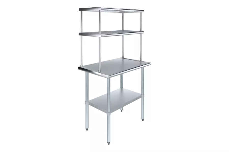 24" x 36" Stainless Steel Work Table with 18" Wide Double Tier Overshelf | Metal Kitchen Prep Table & Shelving Combo