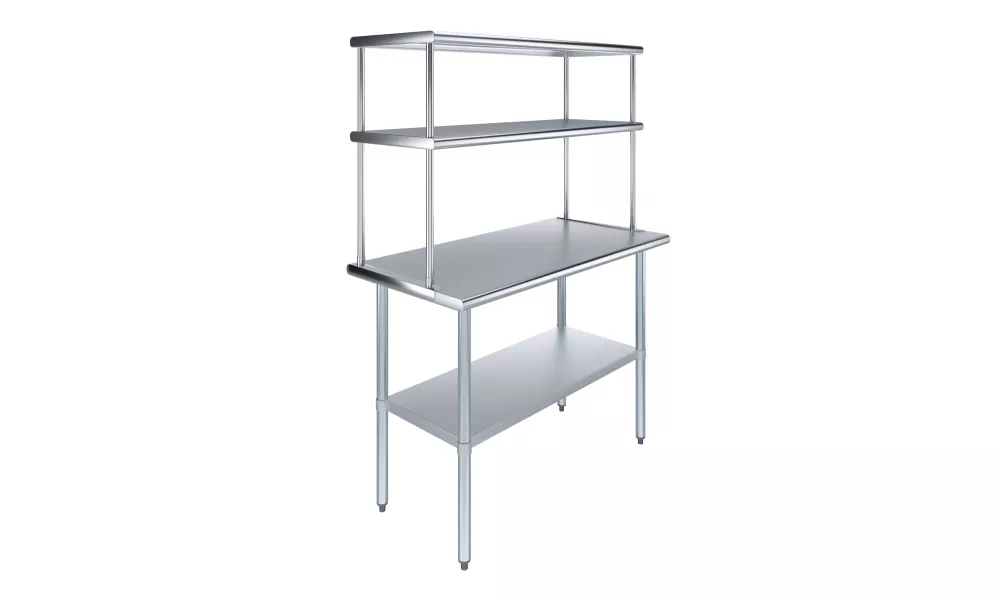 24" x 48" Stainless Steel Work Table with 18" Wide Double Tier Overshelf | Metal Kitchen Prep Table & Shelving Combo