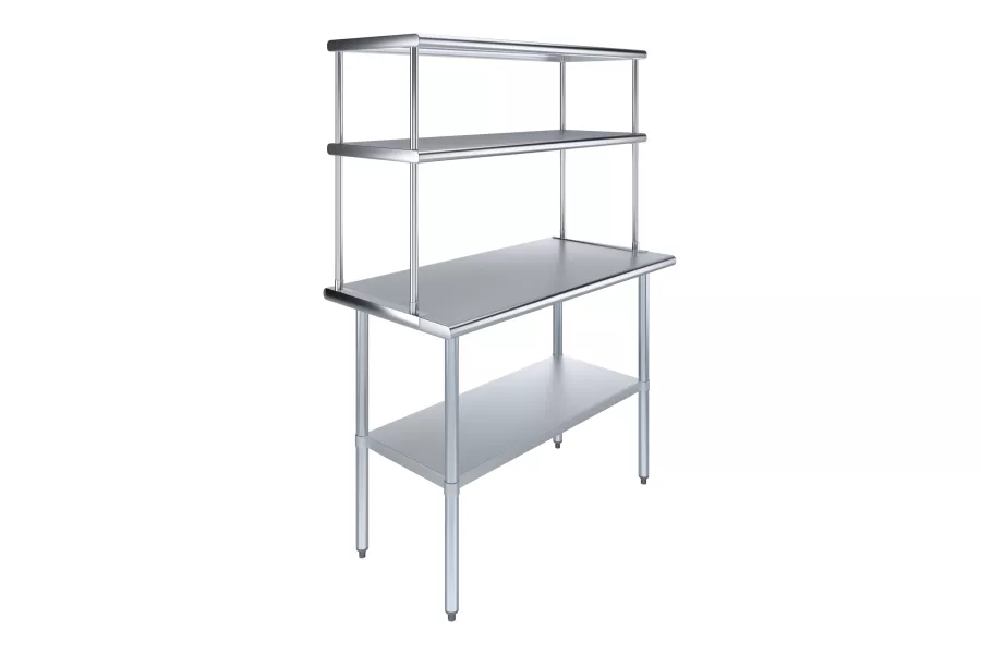 24" x 48" Stainless Steel Work Table with 18" Wide Double Tier Overshelf | Metal Kitchen Prep Table & Shelving Combo