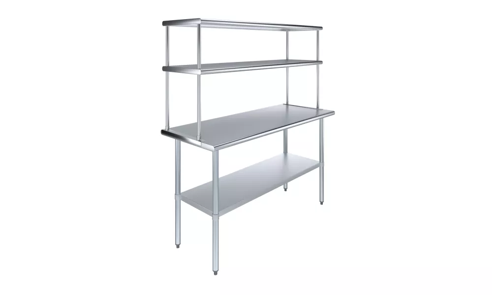 24" x 60" Stainless Steel Work Table with 18" Wide Double Tier Overshelf | Metal Kitchen Prep Table & Shelving Combo