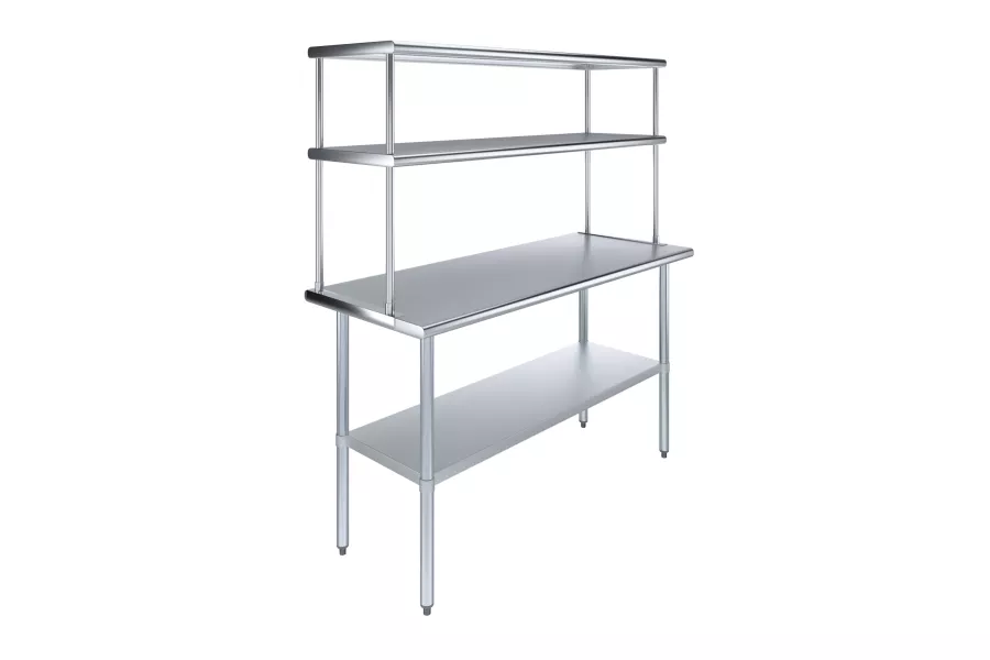 24" x 60" Stainless Steel Work Table with 18" Wide Double Tier Overshelf | Metal Kitchen Prep Table & Shelving Combo