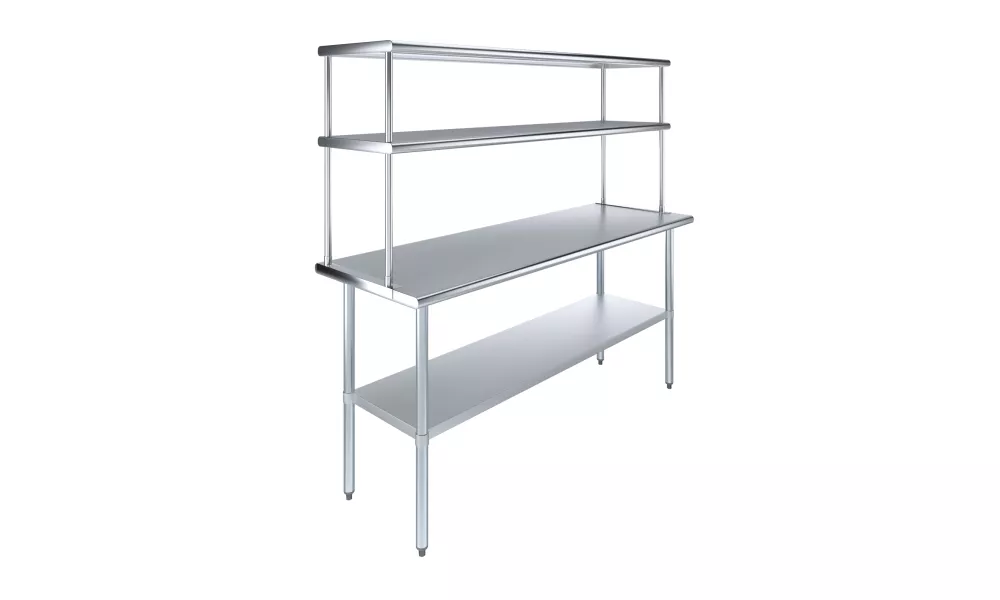 24" x 72" Stainless Steel Work Table with 18" Wide Double Tier Overshelf | Metal Kitchen Prep Table & Shelving Combo