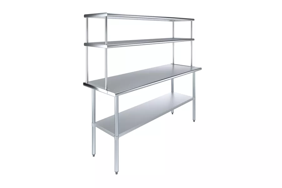 24" x 72" Stainless Steel Work Table with 18" Wide Double Tier Overshelf | Metal Kitchen Prep Table & Shelving Combo