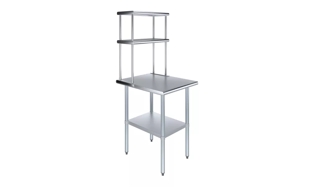 30" x 24" Stainless Steel Work Table with 12" Wide Double Tier Overshelf | Metal Kitchen Prep Table & Shelving Combo