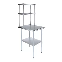 30" x 24" Stainless Steel Work Table with 12" Wide Double Tier Overshelf | Metal Kitchen Prep Table & Shelving Combo