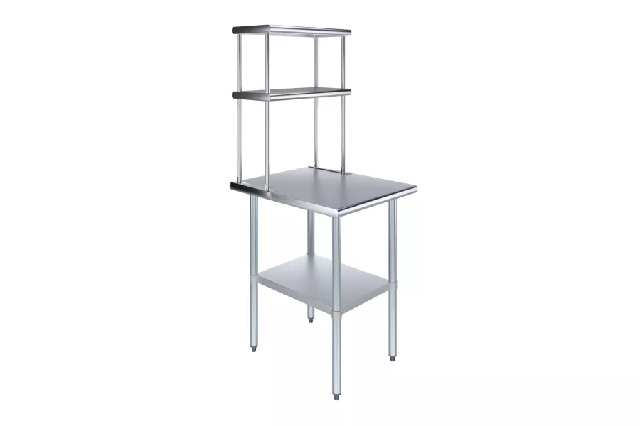 30" x 24" Stainless Steel Work Table with 12" Wide Double Tier Overshelf | Metal Kitchen Prep Table & Shelving Combo