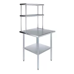 30" x 30" Stainless Steel Work Table with 12" Wide Double Tier Overshelf | Metal Kitchen Prep Table & Shelving Combo