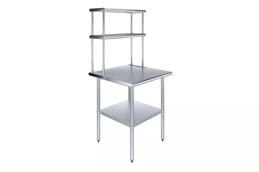 30" x 30" Stainless Steel Work Table with 12" Wide Double Tier Overshelf | Metal Kitchen Prep Table & Shelving Combo