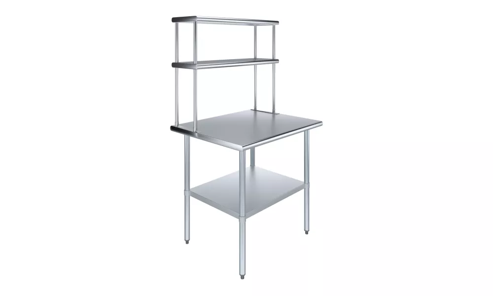 30" x 36" Stainless Steel Work Table with 12" Wide Double Tier Overshelf | Metal Kitchen Prep Table & Shelving Combo